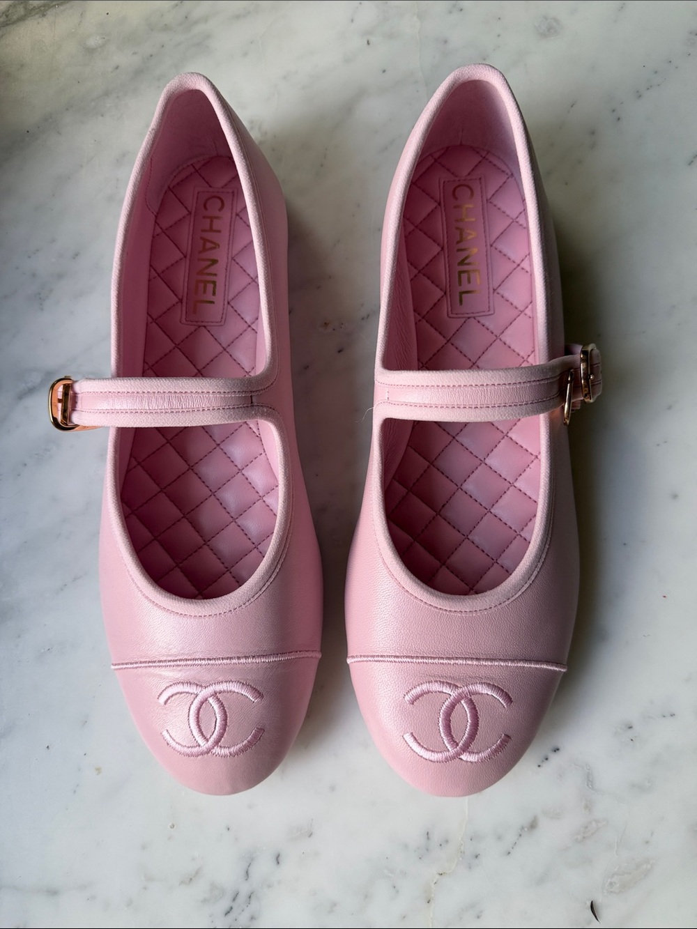 CHANEL Pastel Pink Quilted Mary Jane Flats with CC Logo- brand new!!